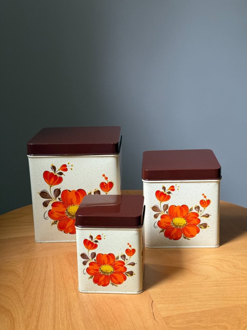 Set of 3 Brown Orange c1970s Valencia Poppy Lidded Nesting Square Tins Japan